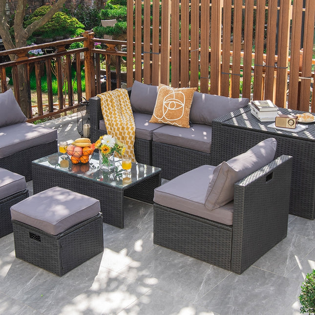 8 Pieces Patio Rattan Storage Table Furniture Set-Gray