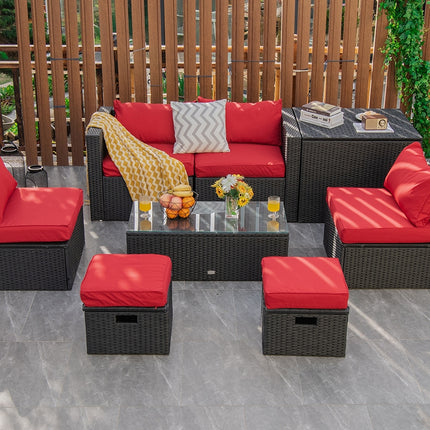 8 Pieces Patio Rattan Storage Table Furniture Set-Red