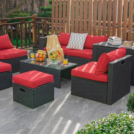 8 Pieces Patio Rattan Storage Table Furniture Set-Red