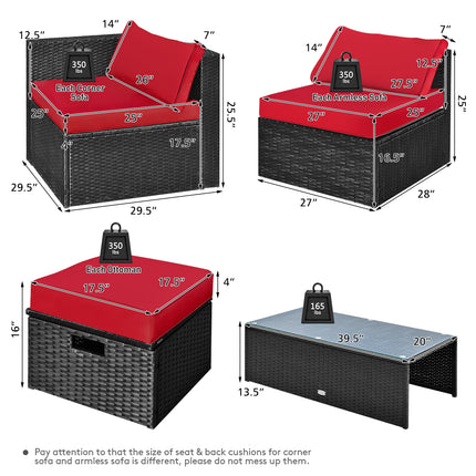 8 Pieces Patio Rattan Storage Table Furniture Set-Red