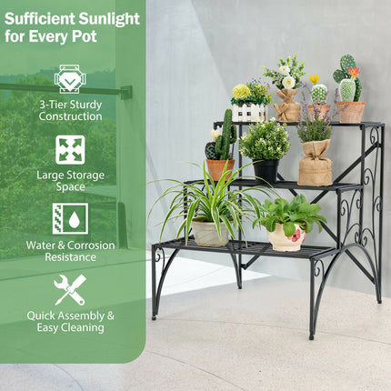 3-Tier Metal Plant Stand with Widened Grid Shelf for Porch Garden-Black