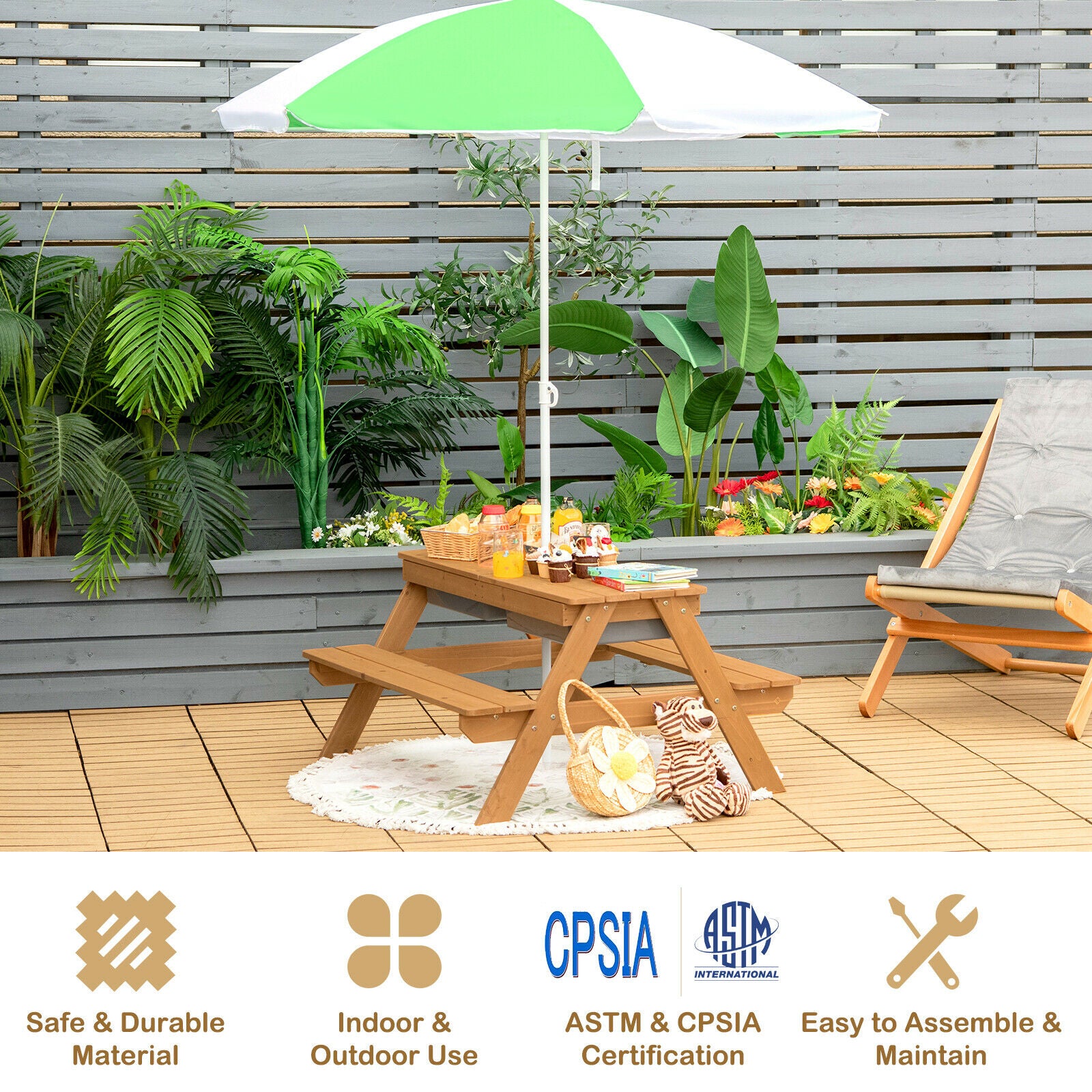 3-in-1 Kids Outdoor Picnic Water Sand Table with Umbrella Play Boxes-Green