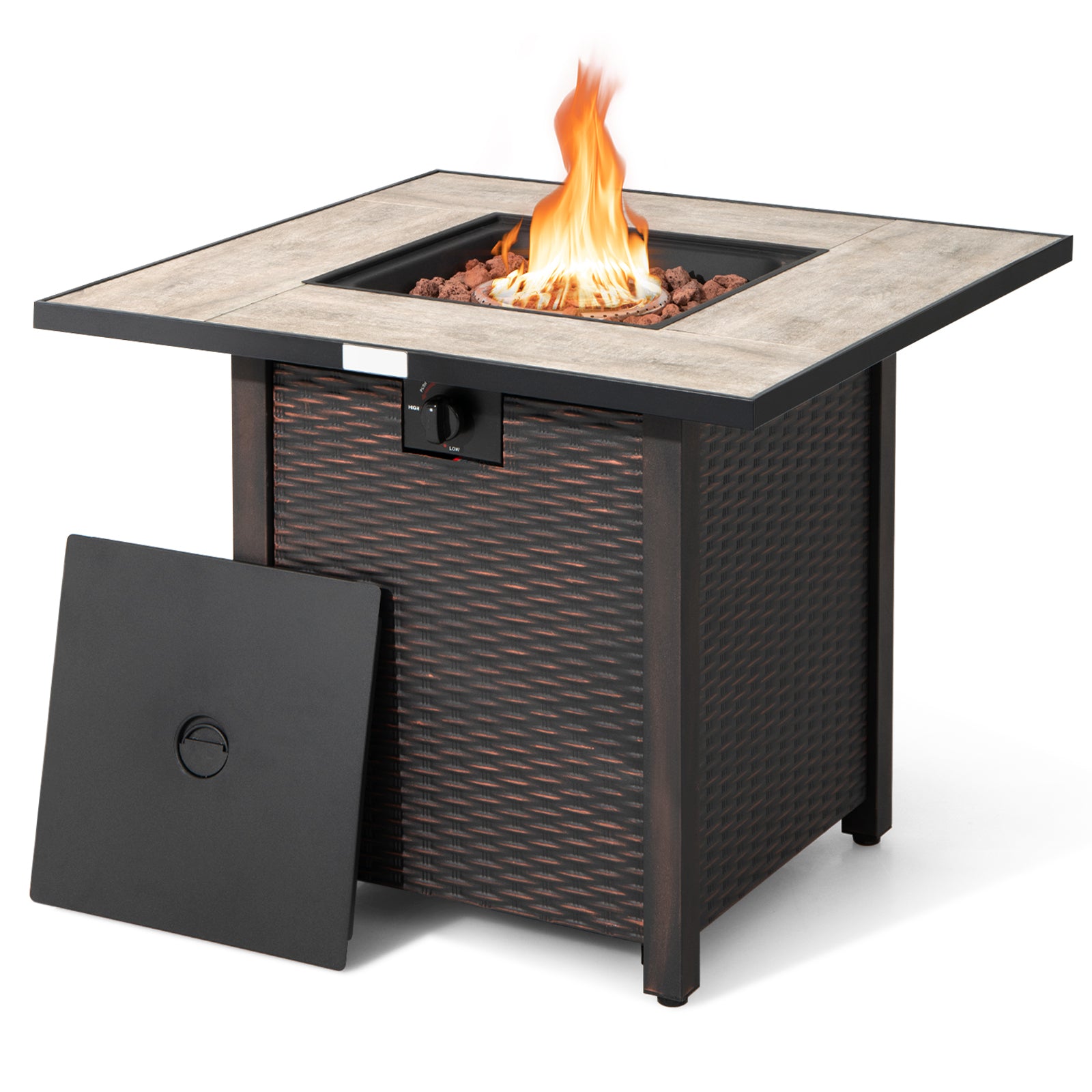 Table de foyer au gaz propane carrée de 30 pouces avec plateau en céramique
