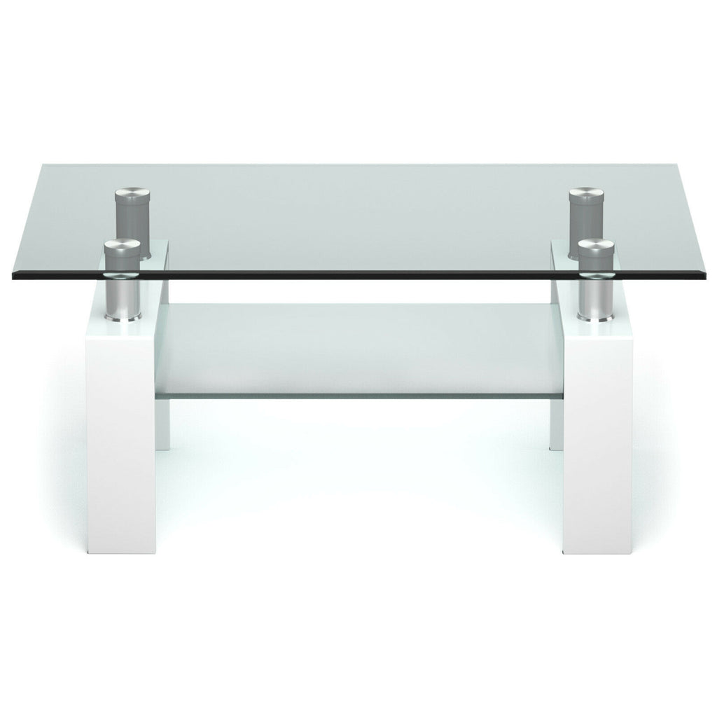 Rectangle Glass Coffee Table with Metal Legs for Living Room-White