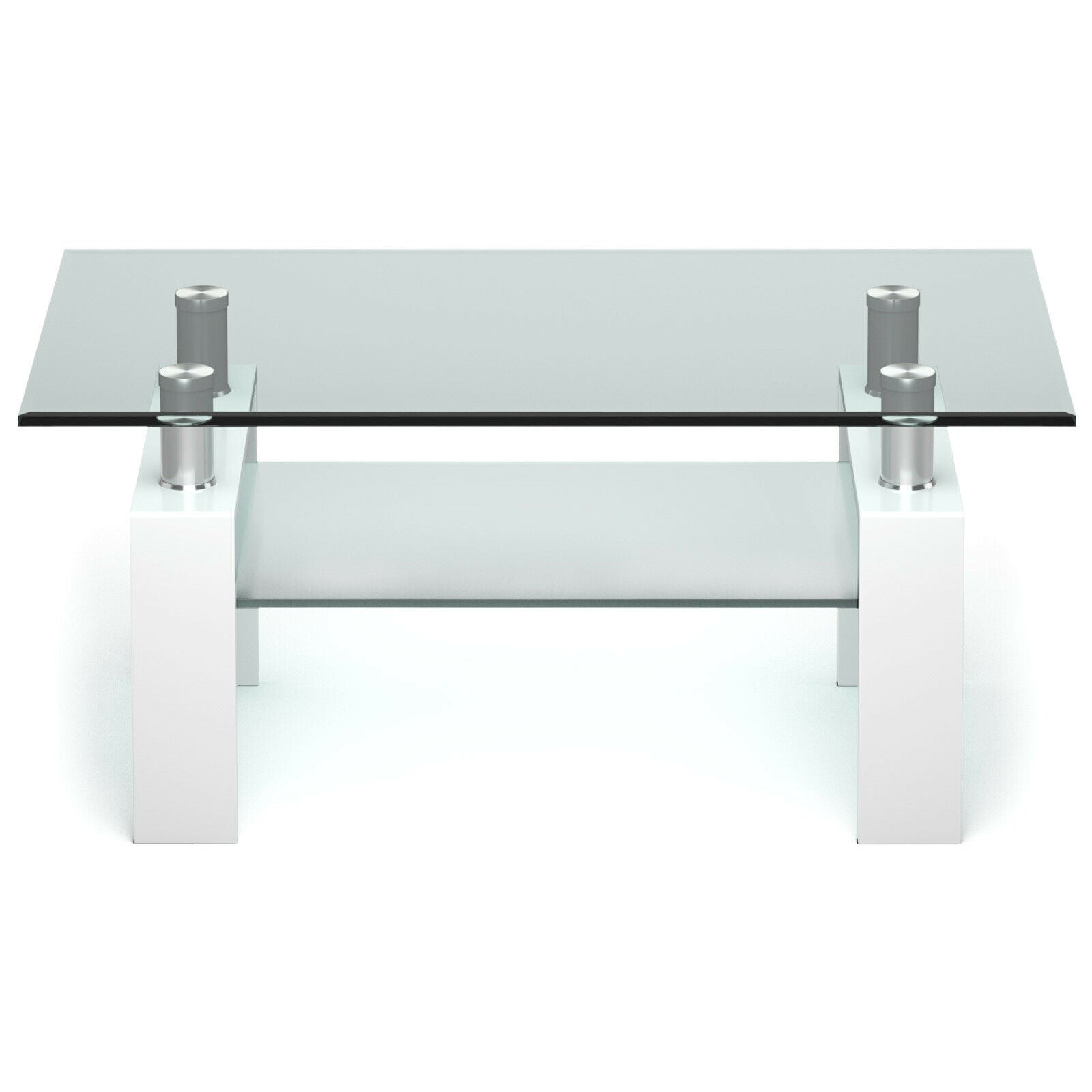 Rectangle Glass Coffee Table with Metal Legs for Living Room-White