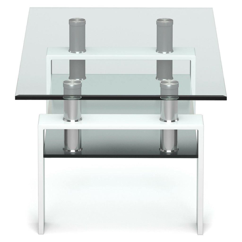 Rectangle Glass Coffee Table with Metal Legs for Living Room-White