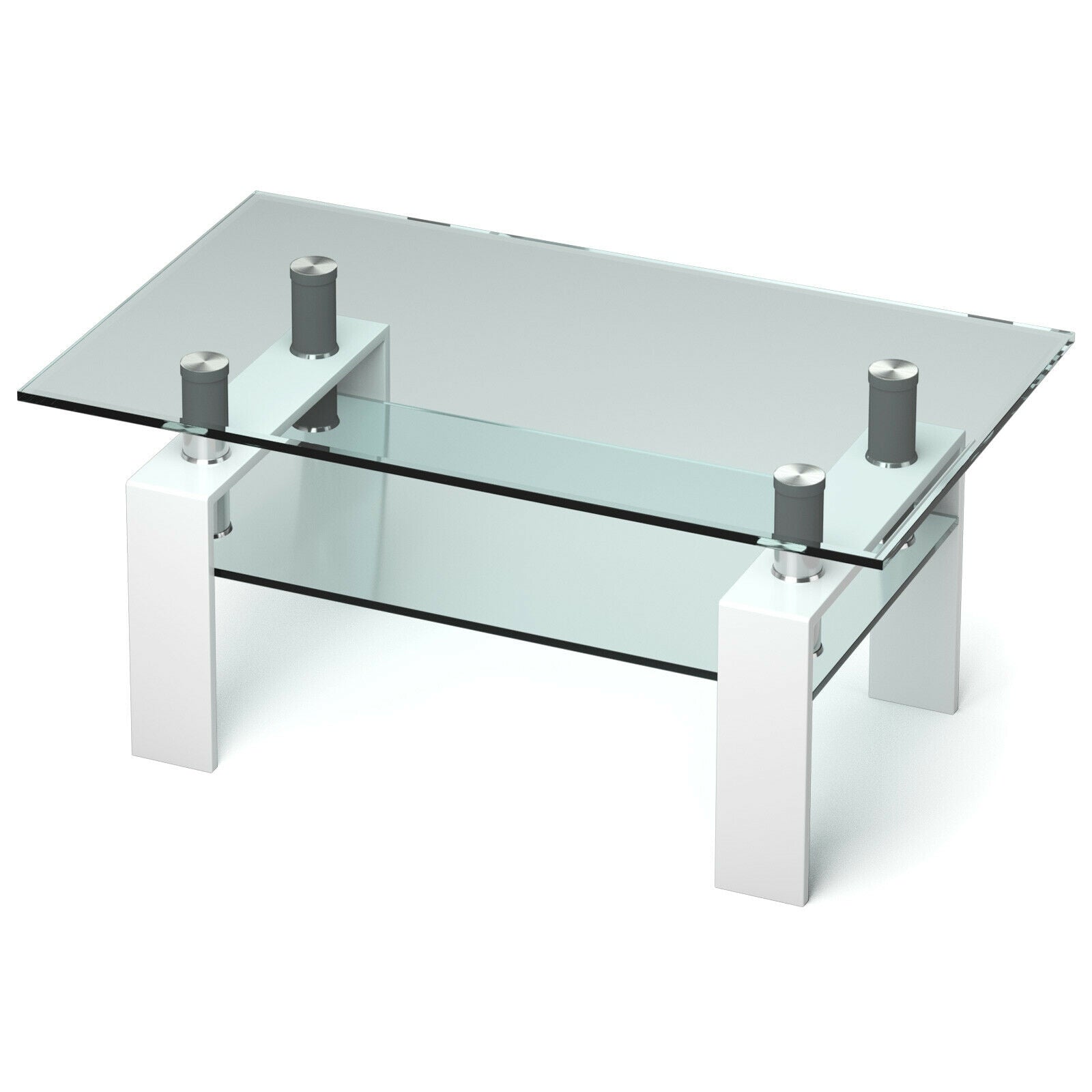 Rectangle Glass Coffee Table with Metal Legs for Living Room-White