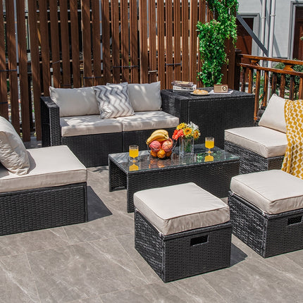 8 Pieces Patio Rattan Storage Table Furniture Set-Off White