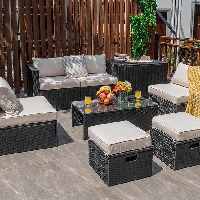 8 Pieces Patio Rattan Storage Table Furniture Set-Off White