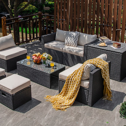 8 Pieces Patio Rattan Storage Table Furniture Set-Off White