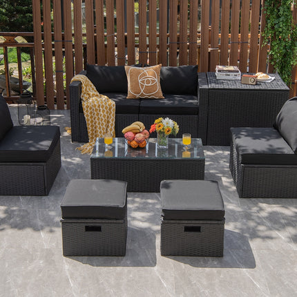 8 Pieces Patio Rattan Storage Table Furniture Set-Black