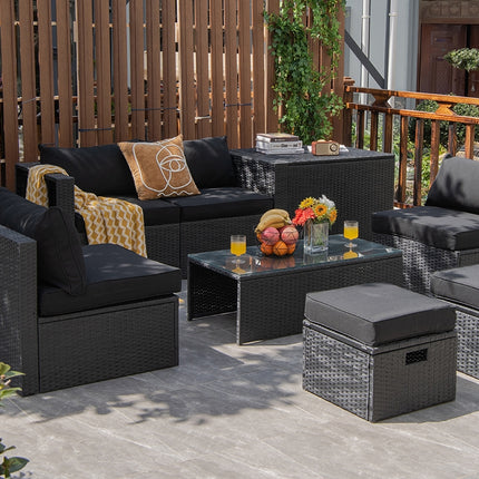 8 Pieces Patio Rattan Storage Table Furniture Set-Black
