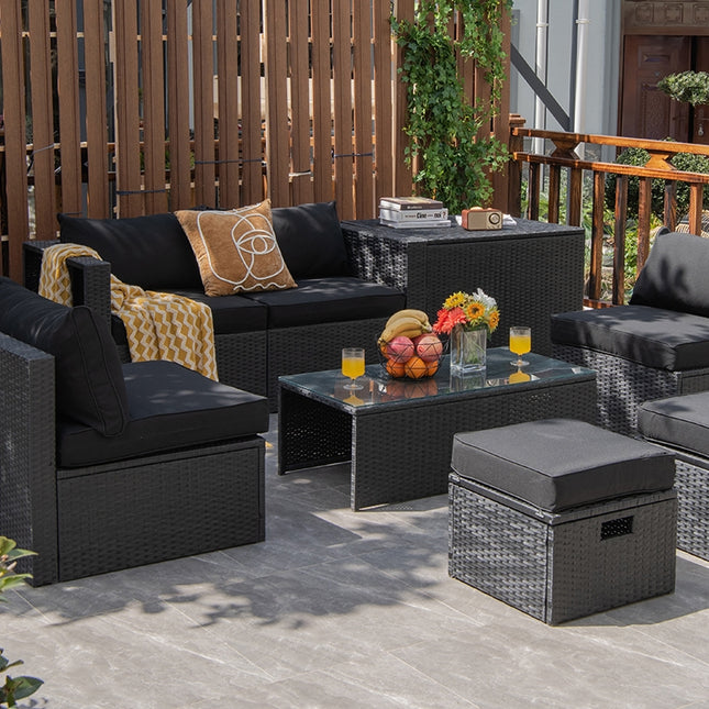 8 Pieces Patio Rattan Storage Table Furniture Set-Black