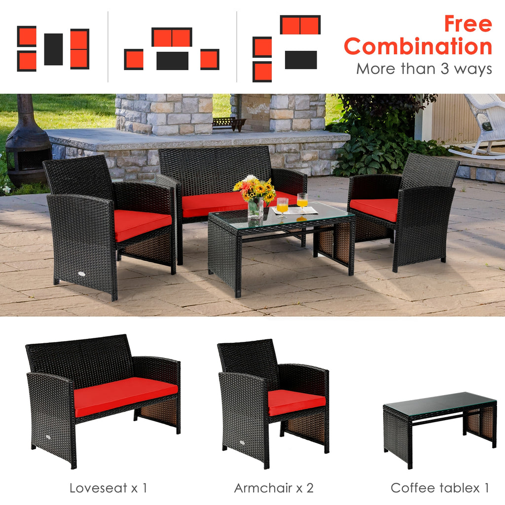 Ensemble de meubles de patio en rotin coussiné 4 pièces - Rouge