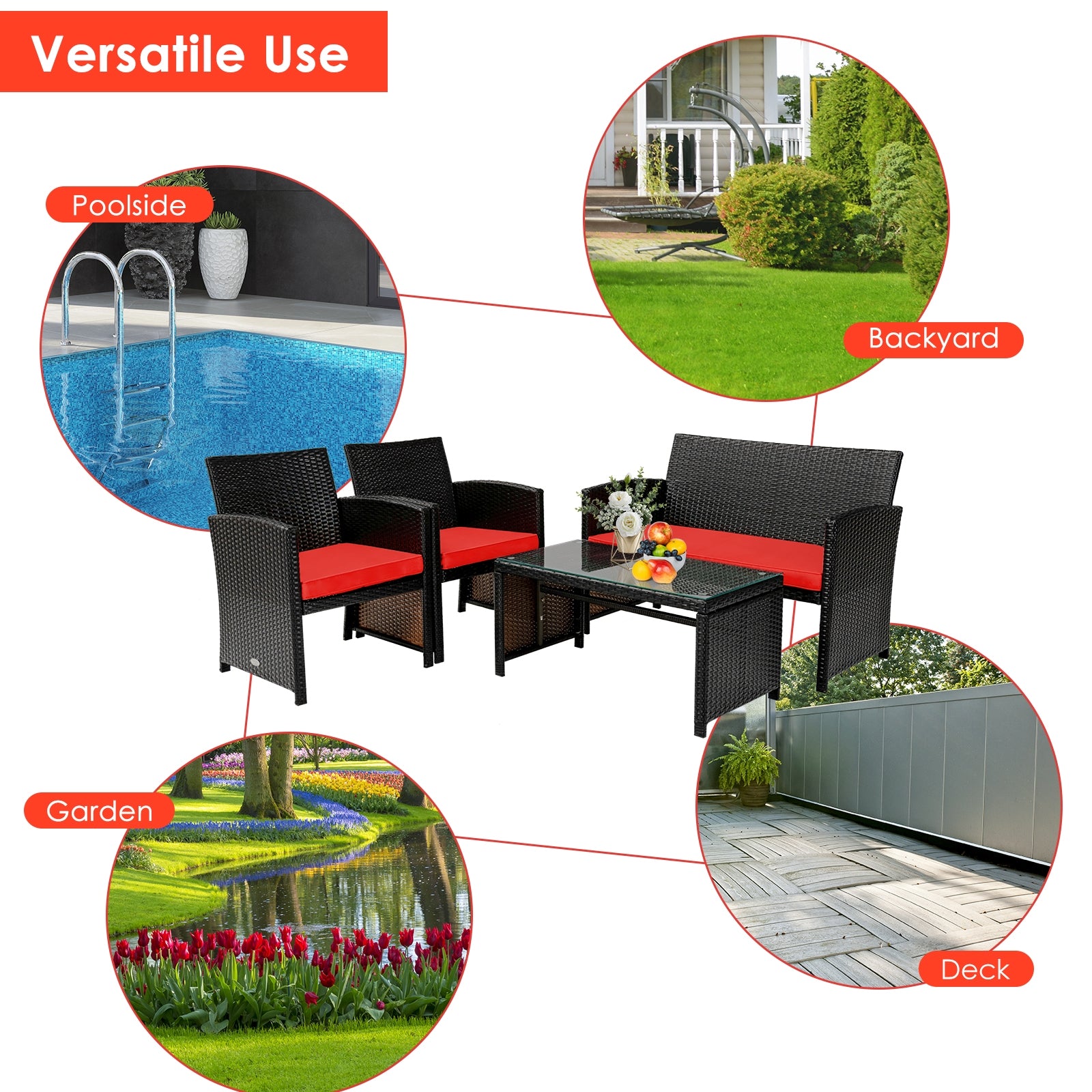 Ensemble de meubles de patio en rotin coussiné 4 pièces - Rouge