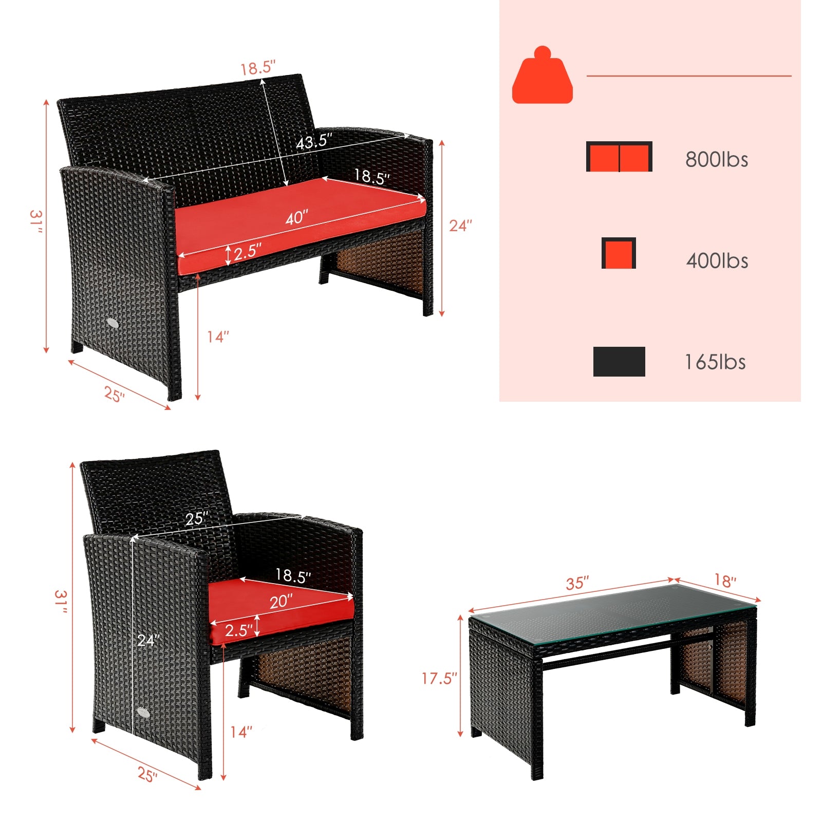 Ensemble de meubles de patio en rotin coussiné 4 pièces - Rouge