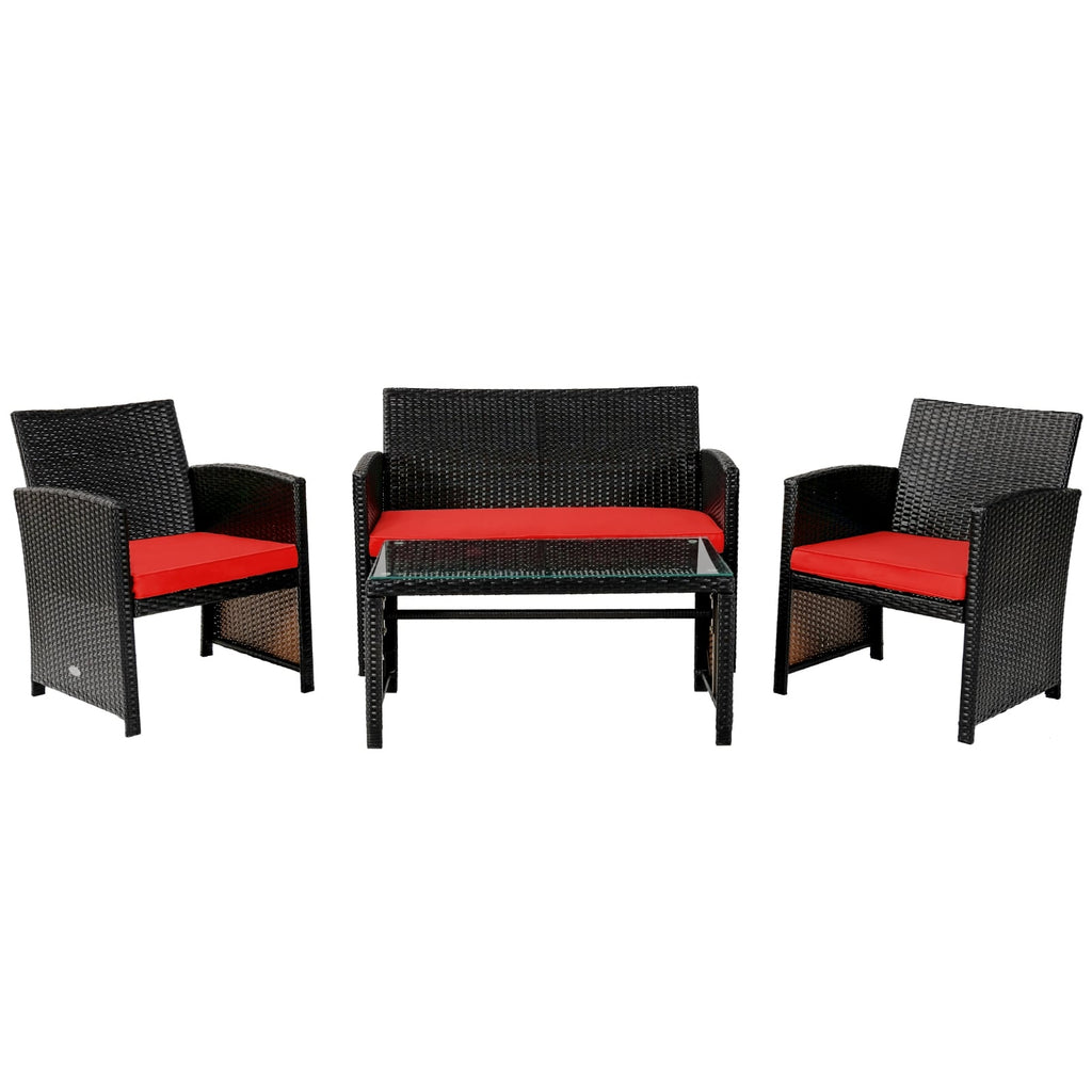 Ensemble de meubles de patio en rotin coussiné 4 pièces - Rouge