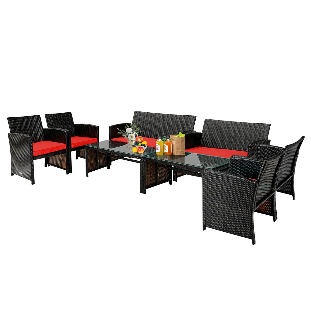 Ensemble de meubles de patio en rotin coussiné 4 pièces - Rouge
