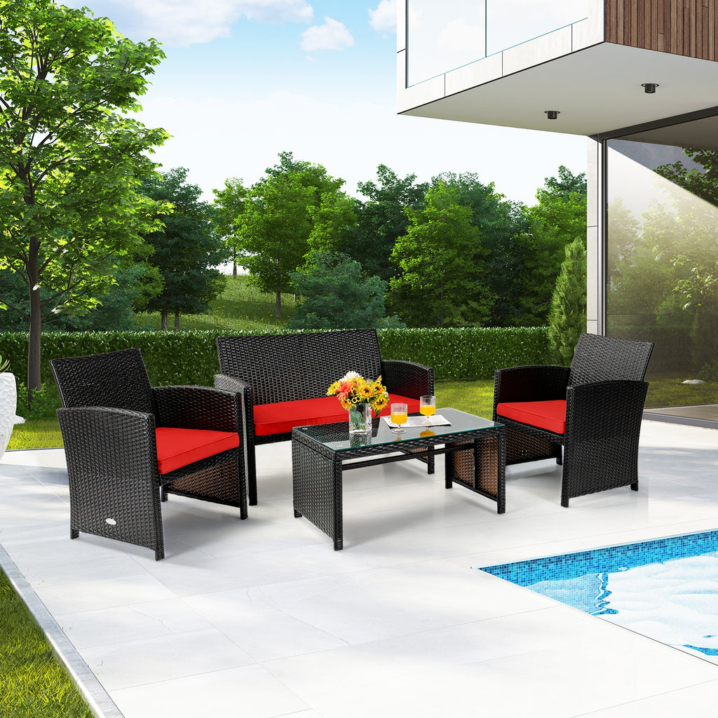 Ensemble de meubles de patio en rotin coussiné 4 pièces - Rouge