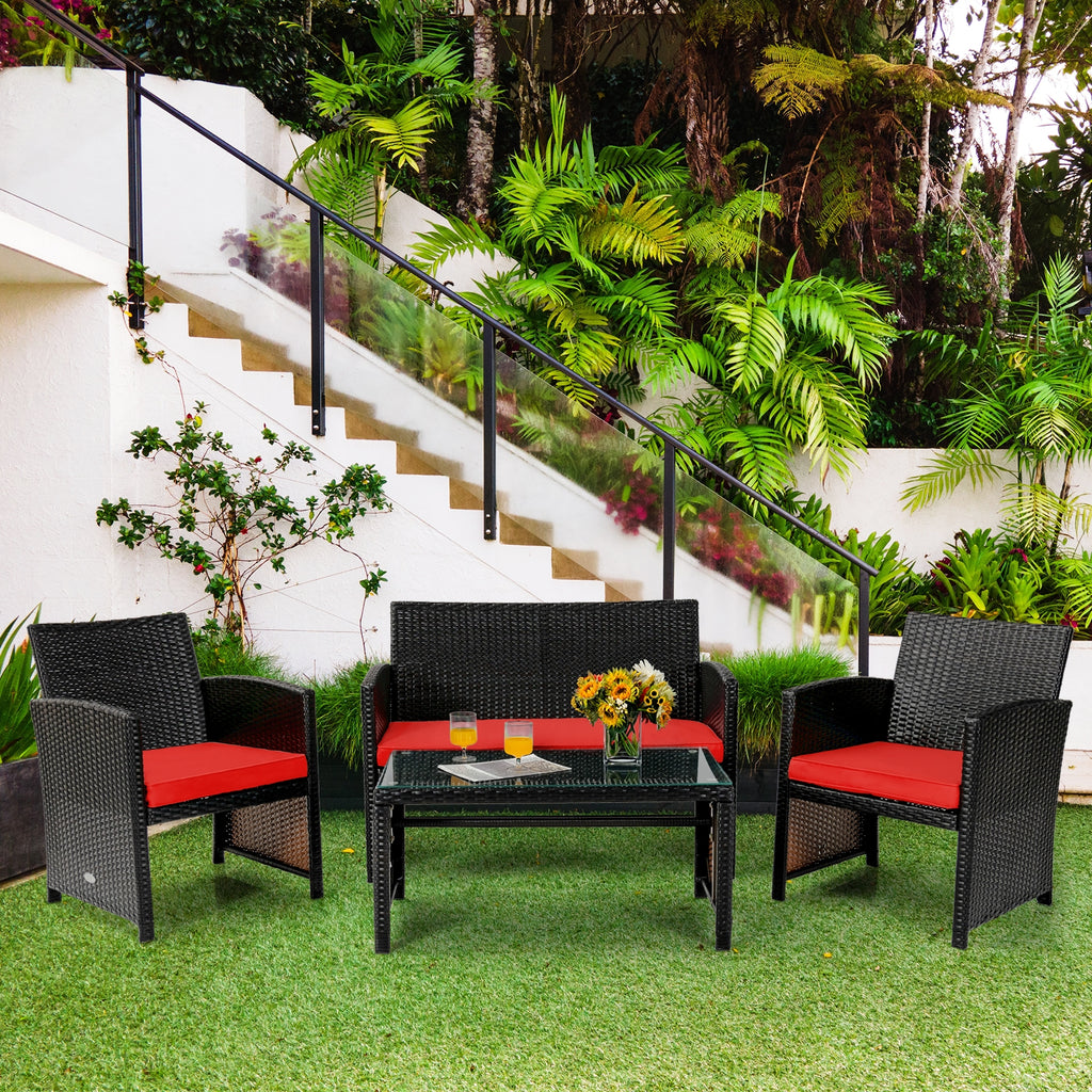 Ensemble de meubles de patio en rotin coussiné 4 pièces - Rouge