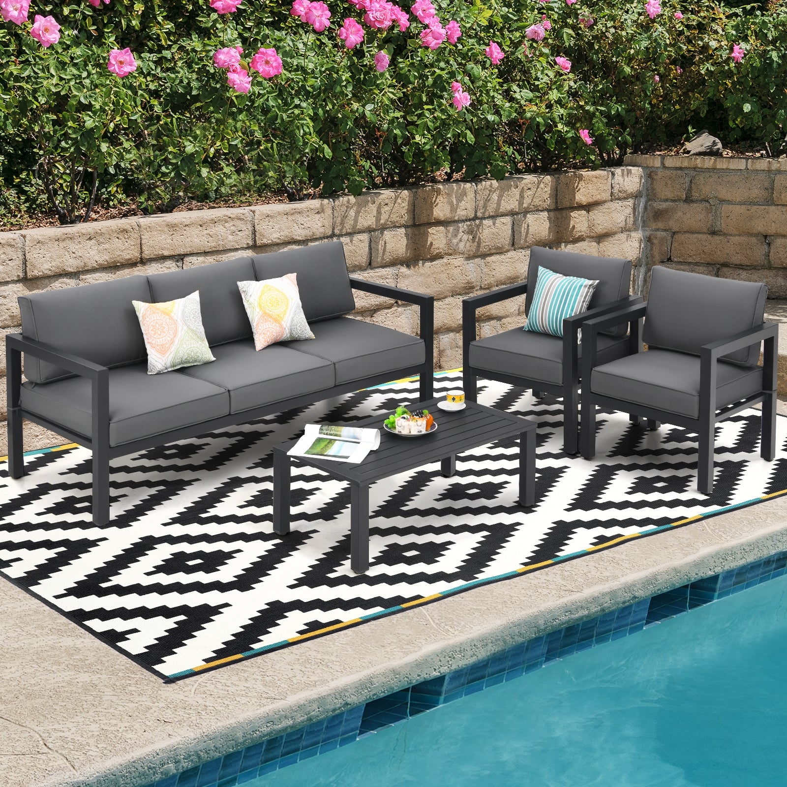 Ensemble de 4 meubles d'extérieur pour jardin et piscine - Gris