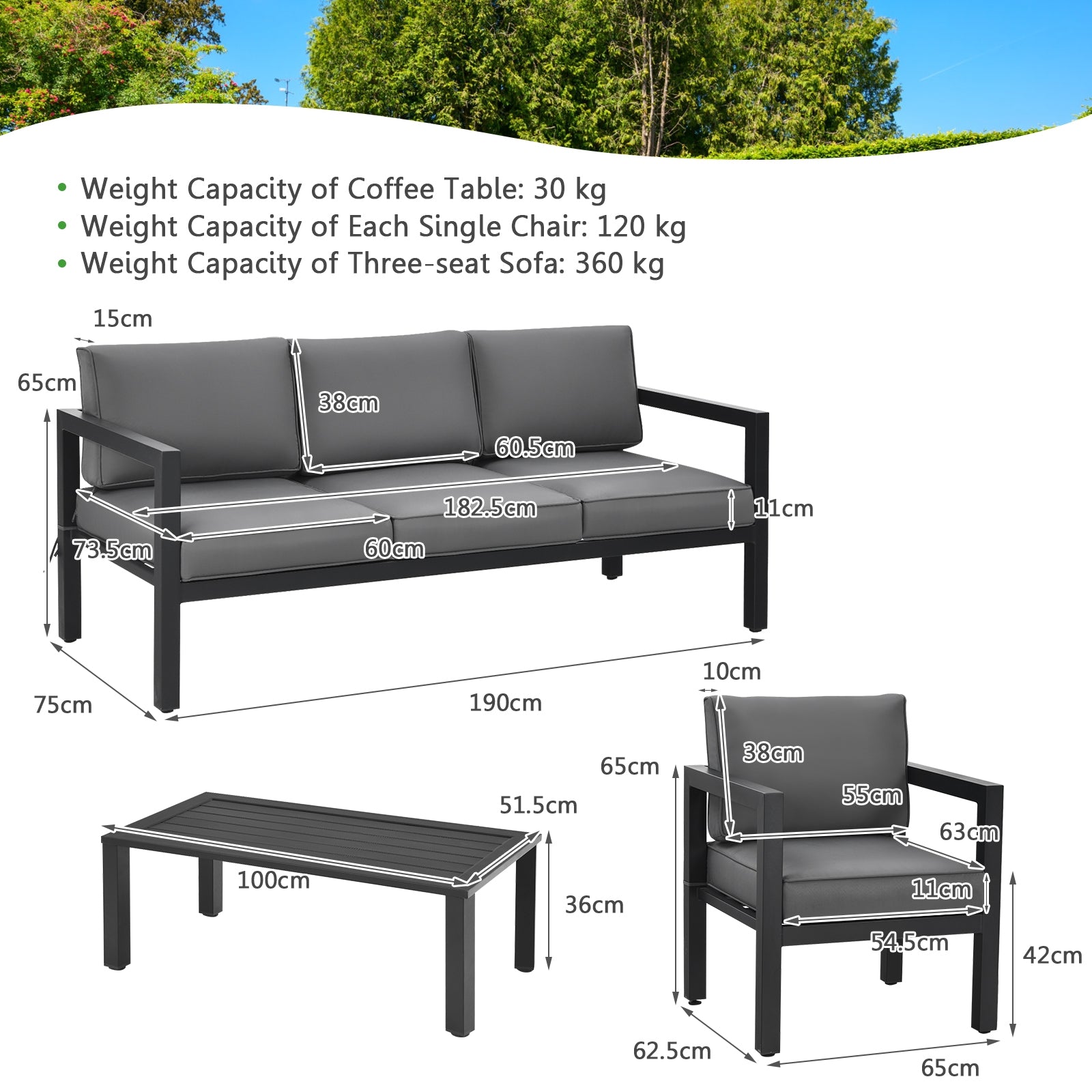 Ensemble de 4 meubles d'extérieur pour jardin et piscine - Gris