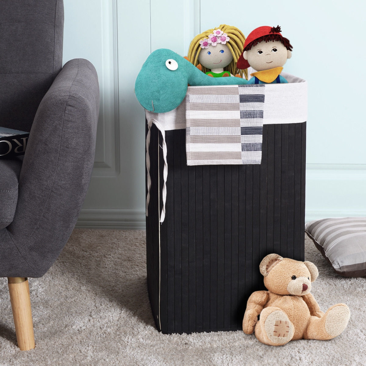 Corner Bamboo Hamper Laundry Basket with Lid and Removable Liner-Black