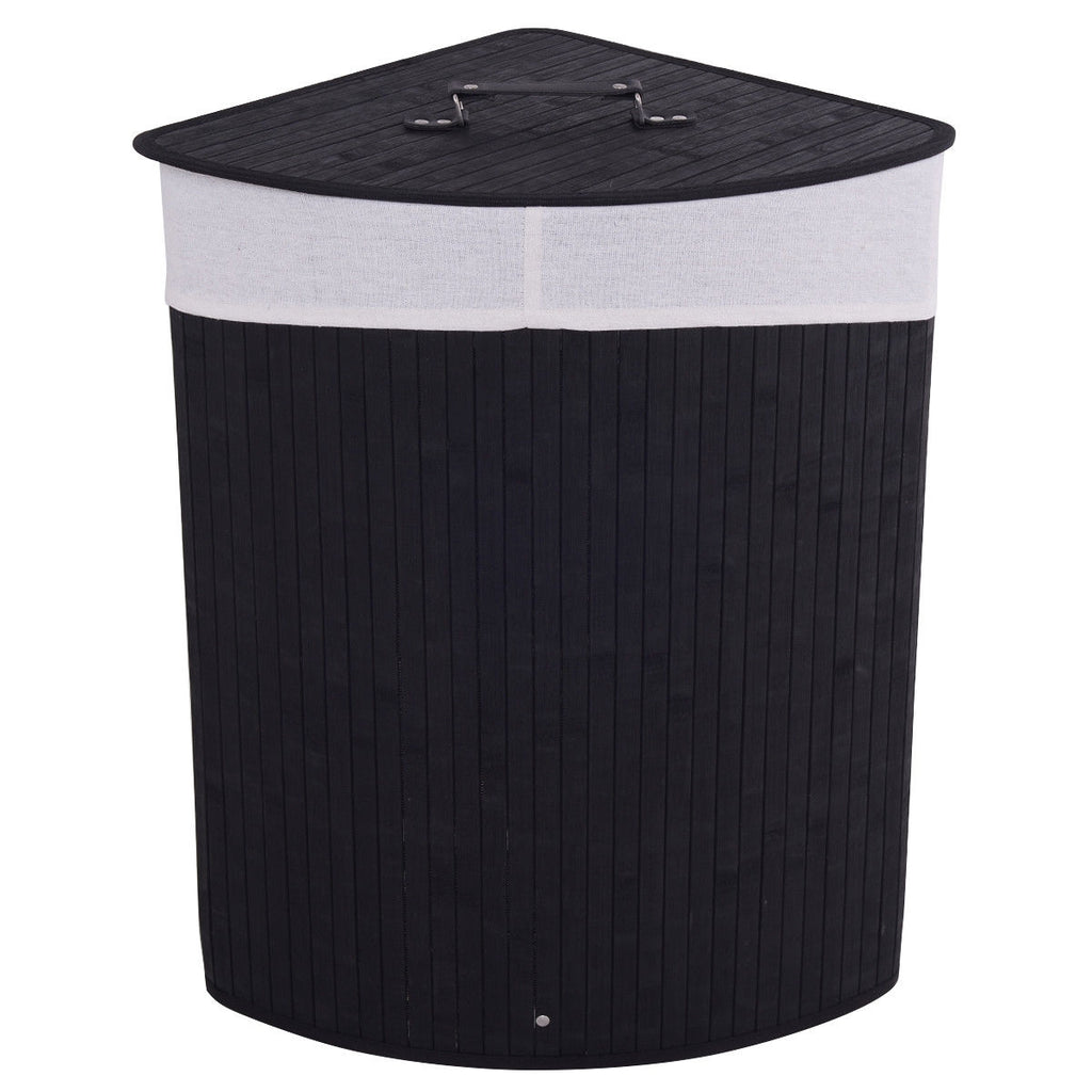 Corner Bamboo Hamper Laundry Basket with Lid and Removable Liner-Black