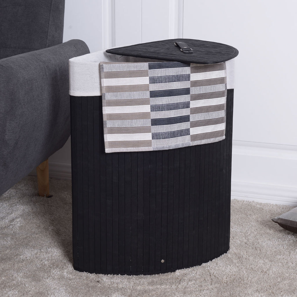 Corner Bamboo Hamper Laundry Basket with Lid and Removable Liner-Black