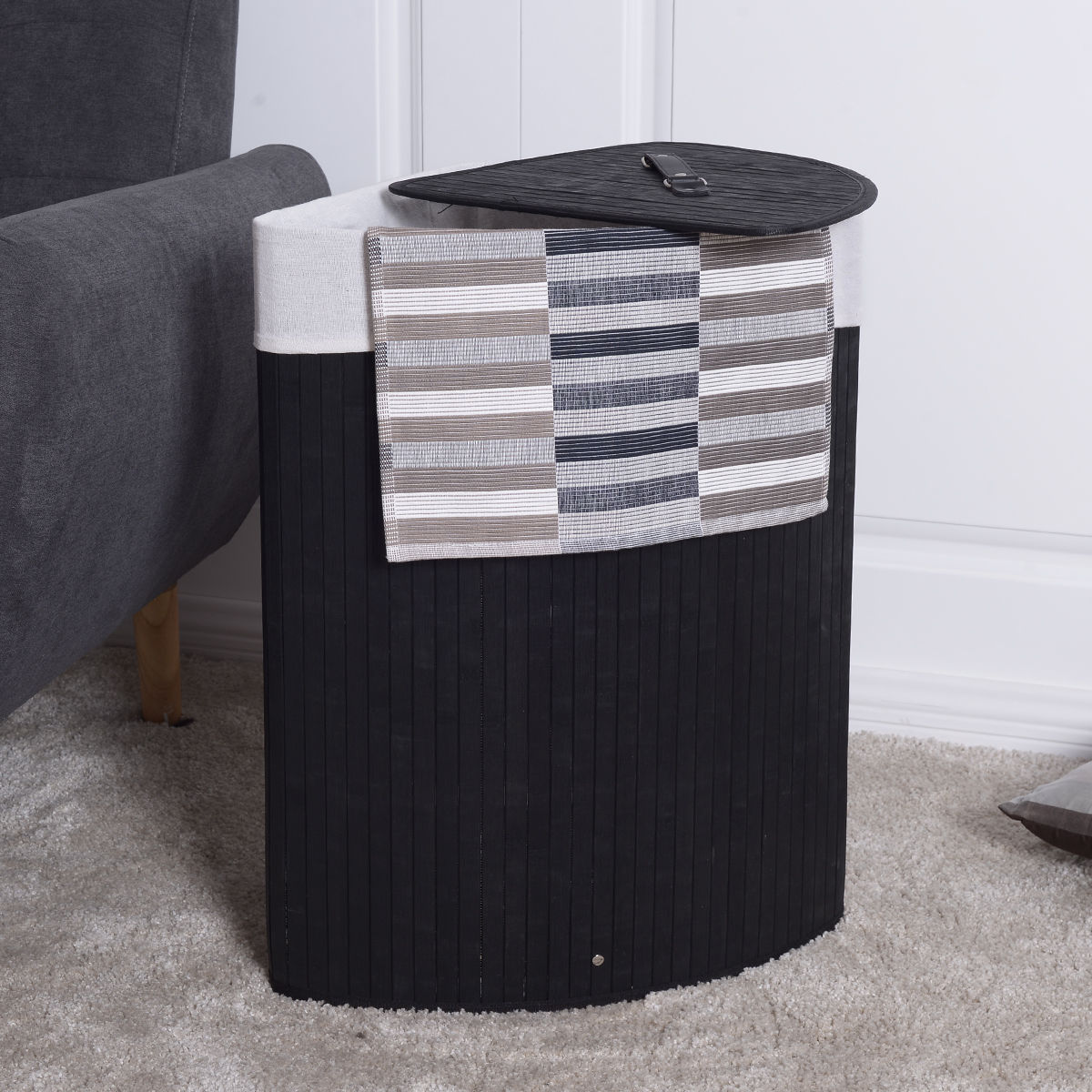 Corner Bamboo Hamper Laundry Basket with Lid and Removable Liner-Black