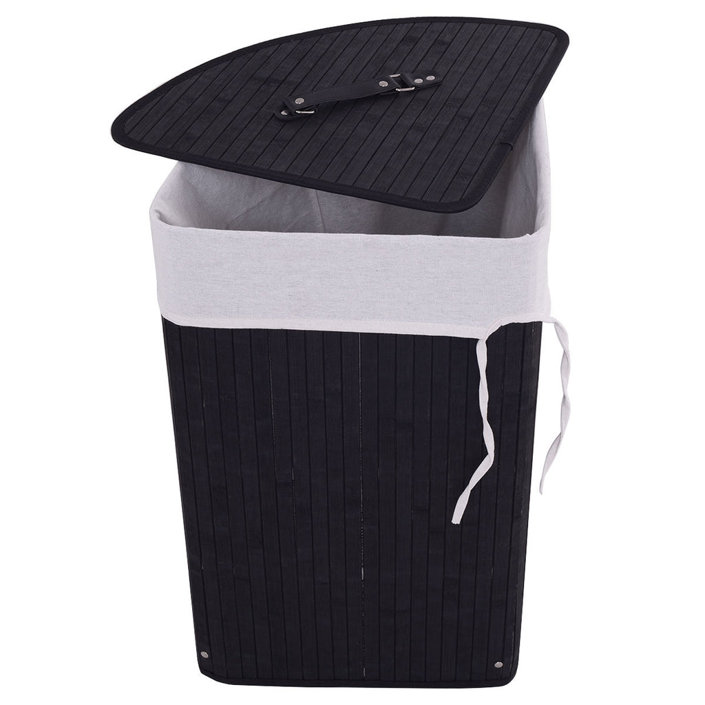 Corner Bamboo Hamper Laundry Basket with Lid and Removable Liner-Black