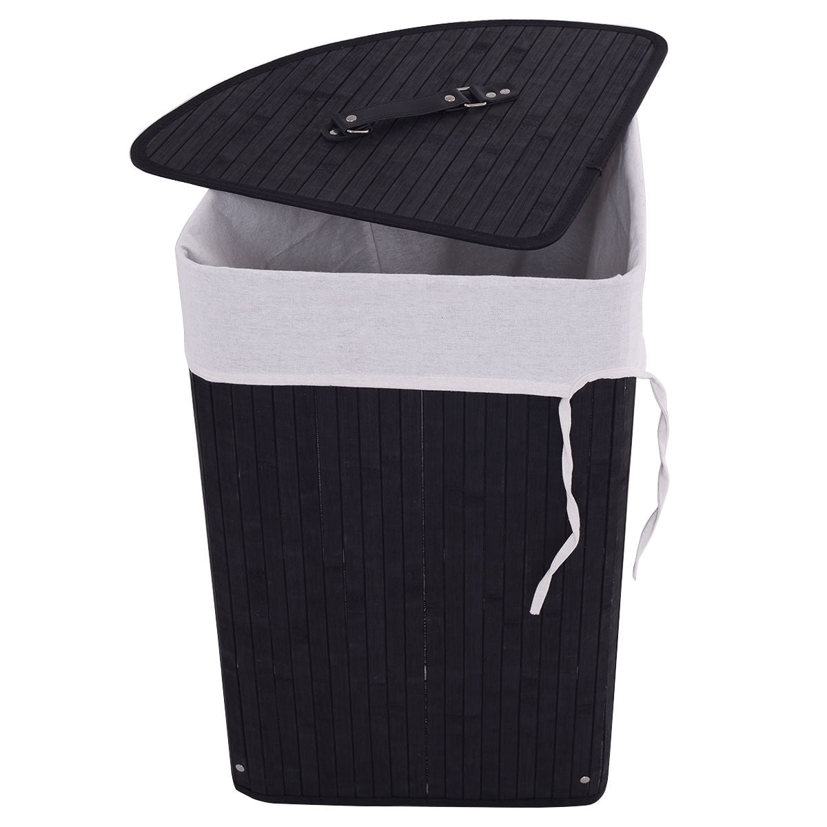 Corner Bamboo Hamper Laundry Basket with Lid and Removable Liner-Black