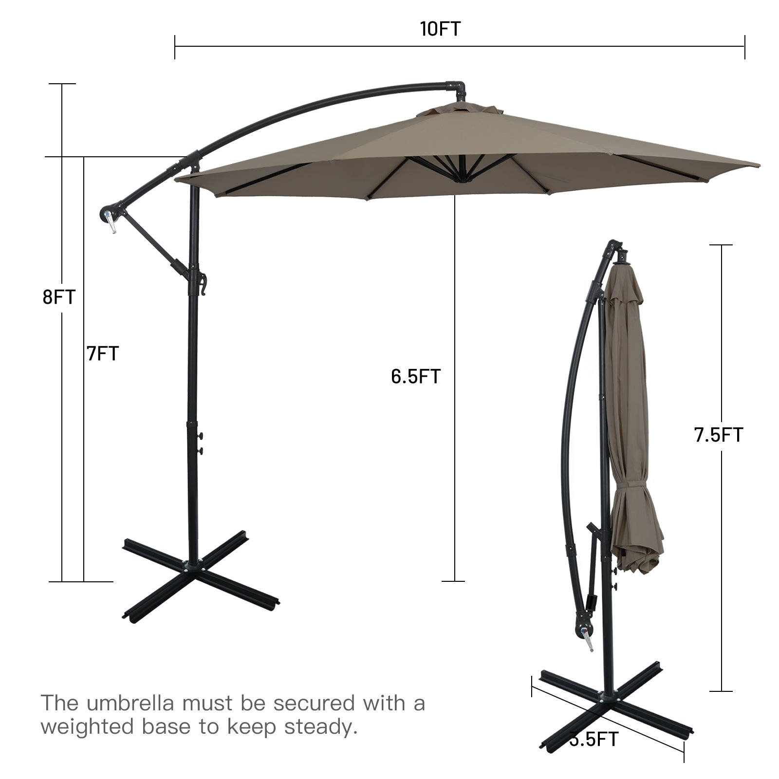 Parasol déporté de 3 m avec 8 baleines, pied en croix et inclinaison réglable - Marron