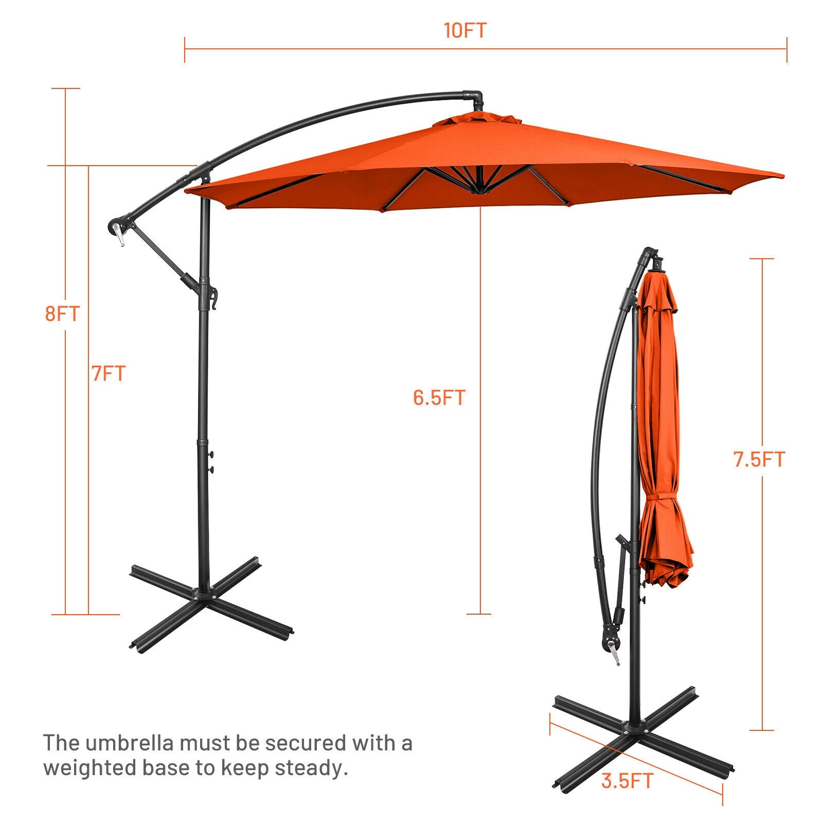 Parasol déporté de 3 m avec 8 baleines, pied en croix et inclinaison réglable - Orange