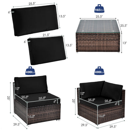 6 Pieces Patio Rattan Furniture Set with Cushions and Glass Coffee Table-Black