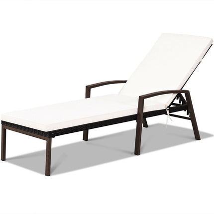 Patio PE Rattan Lounge Chaise Recliner with Back Adjustable Cushioned-White