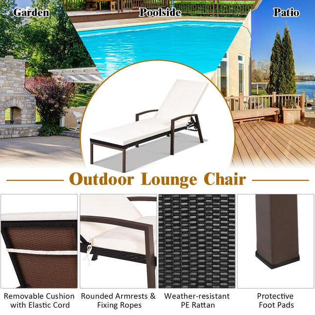 Patio PE Rattan Lounge Chaise Recliner with Back Adjustable Cushioned-White