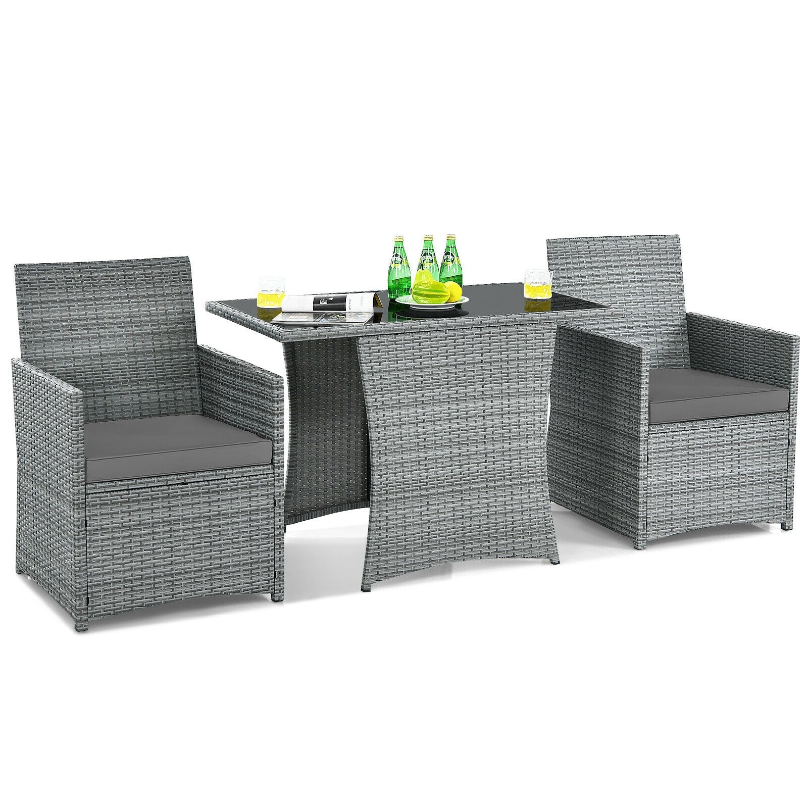 Ensemble de 3 meubles de patio en rotin avec canapé-accoudoir rembourré - Gris