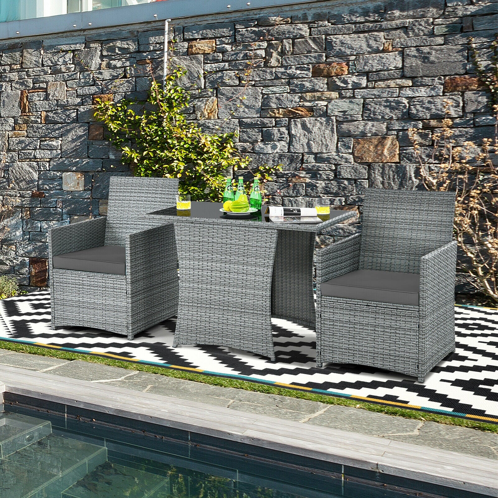 Ensemble de 3 meubles de patio en rotin avec canapé-accoudoir rembourré - Gris
