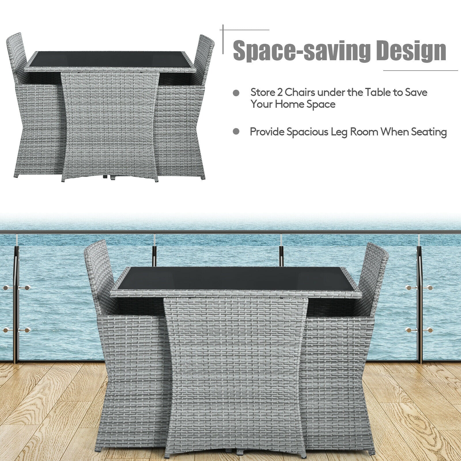 Ensemble de 3 meubles de patio en rotin avec canapé-accoudoir rembourré - Gris