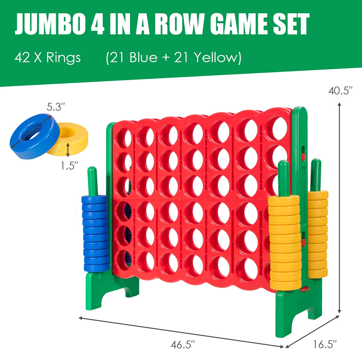 Jeu géant 4-en-ligne Jumbo avec 42 anneaux Jumbo et glissière à libération rapide - Vert