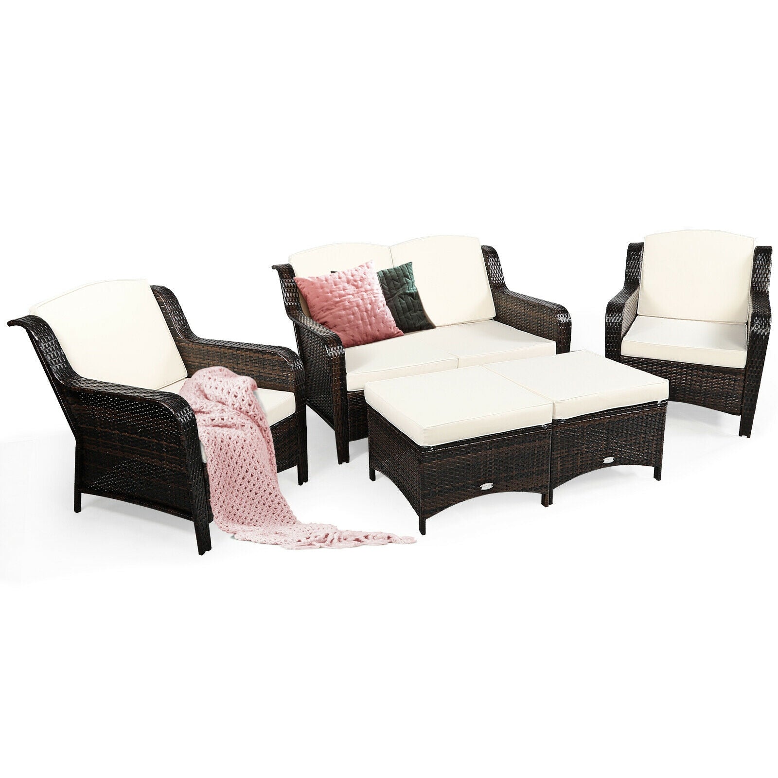 Ensemble de mobilier de patio en rotin 5 pièces avec coussins et pouf – Blanc cassé
