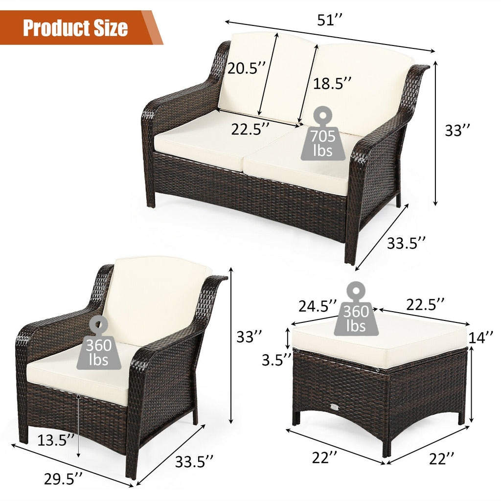 Ensemble de mobilier de patio en rotin 5 pièces avec coussins et pouf – Blanc cassé