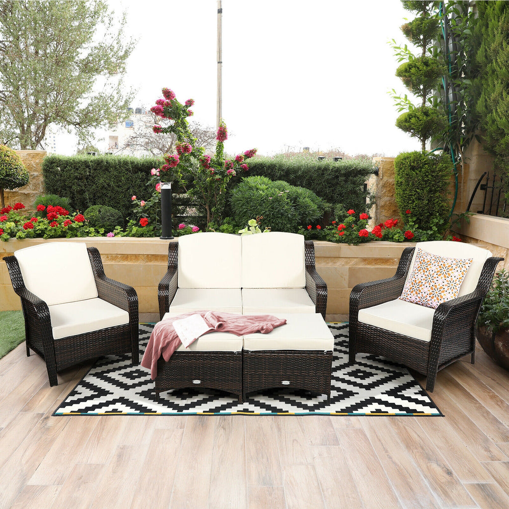 Ensemble de mobilier de patio en rotin 5 pièces avec coussins et pouf – Blanc cassé
