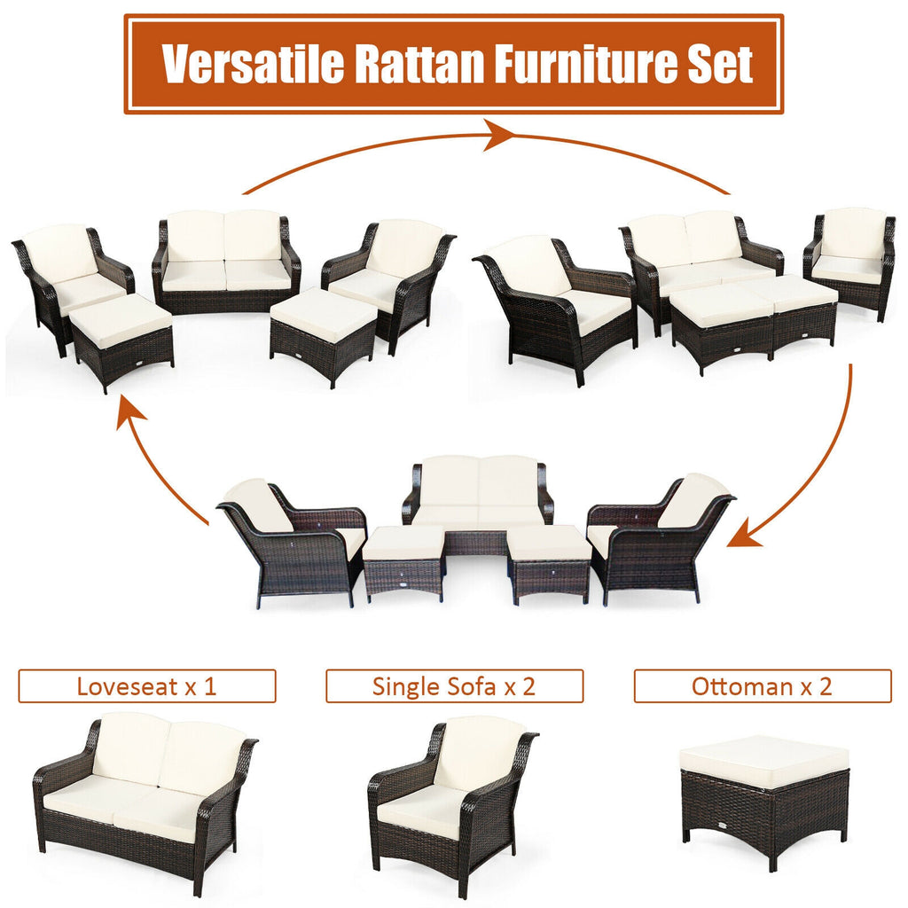 Ensemble de mobilier de patio en rotin 5 pièces avec coussins et pouf – Blanc cassé