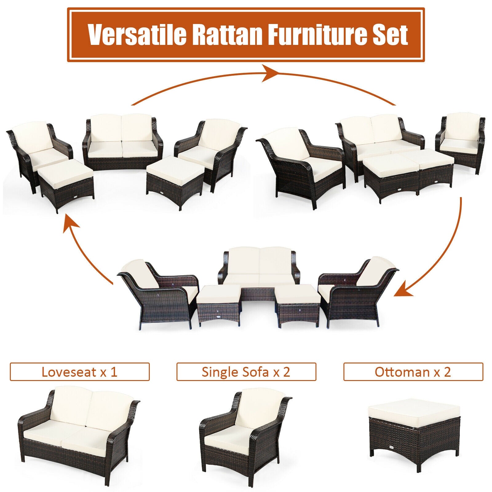 Ensemble de mobilier de patio en rotin 5 pièces avec coussins et pouf – Blanc cassé