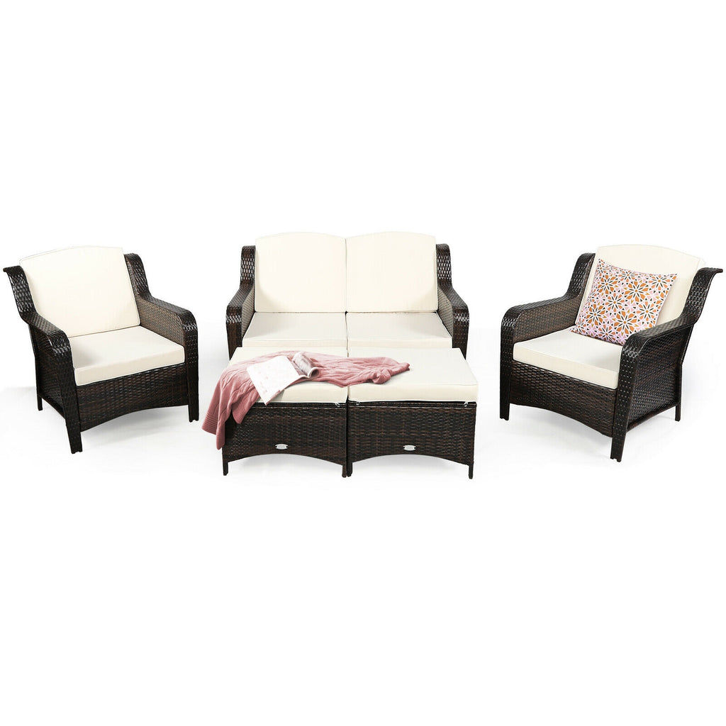 Ensemble de mobilier de patio en rotin 5 pièces avec coussins et pouf – Blanc cassé