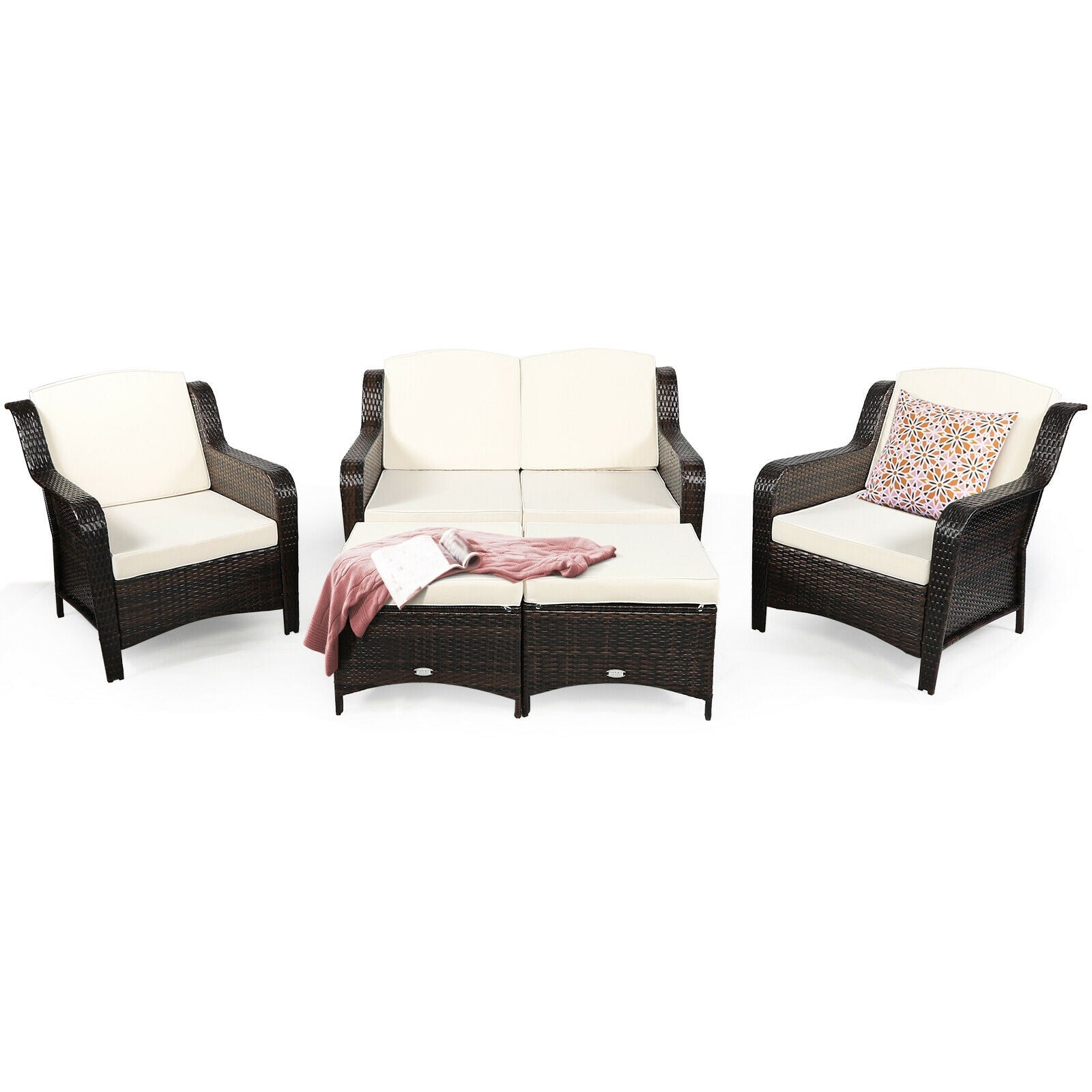 Ensemble de mobilier de patio en rotin 5 pièces avec coussins et pouf – Blanc cassé