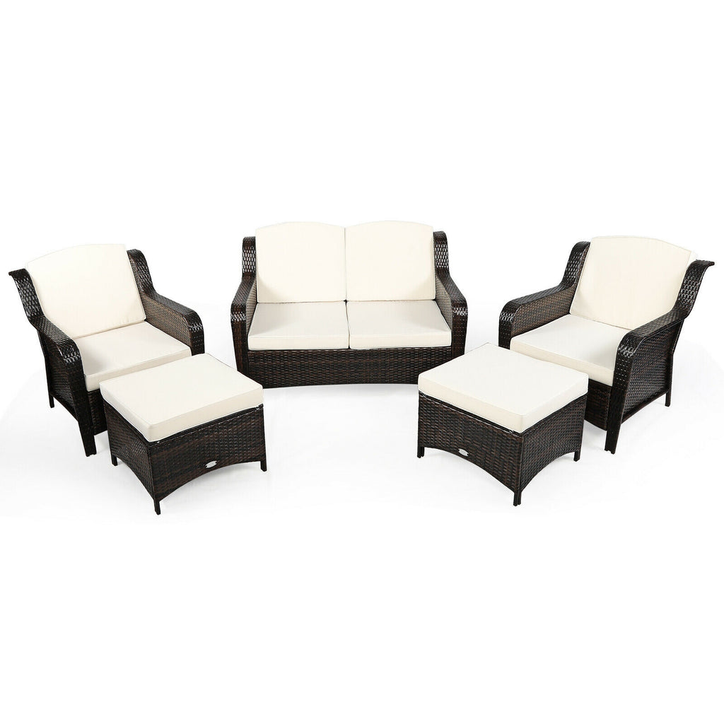 Ensemble de mobilier de patio en rotin 5 pièces avec coussins et pouf – Blanc cassé