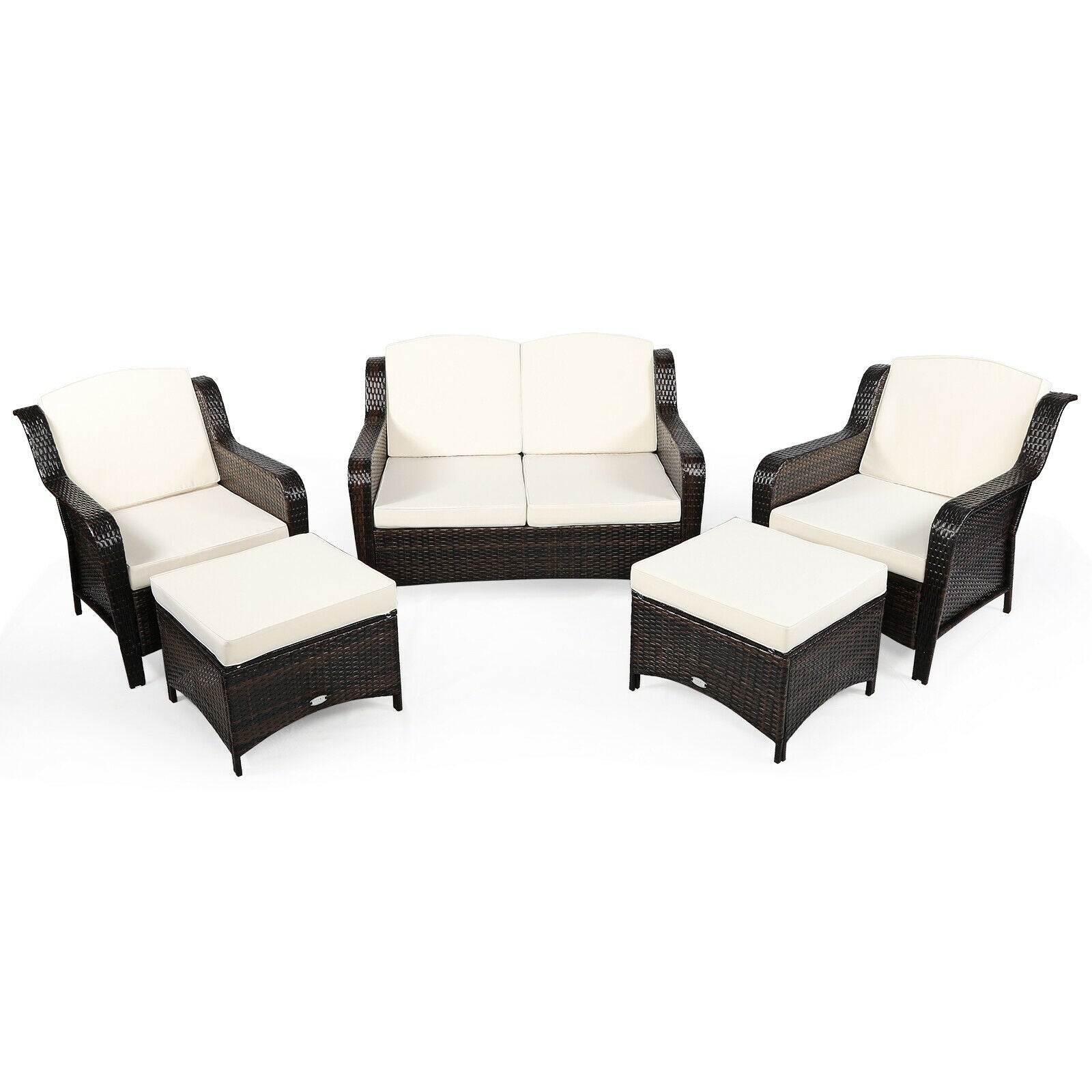 Ensemble de mobilier de patio en rotin 5 pièces avec coussins et pouf – Blanc cassé